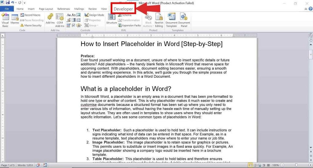 نحوه اضافه کردن placeholder در Word 3